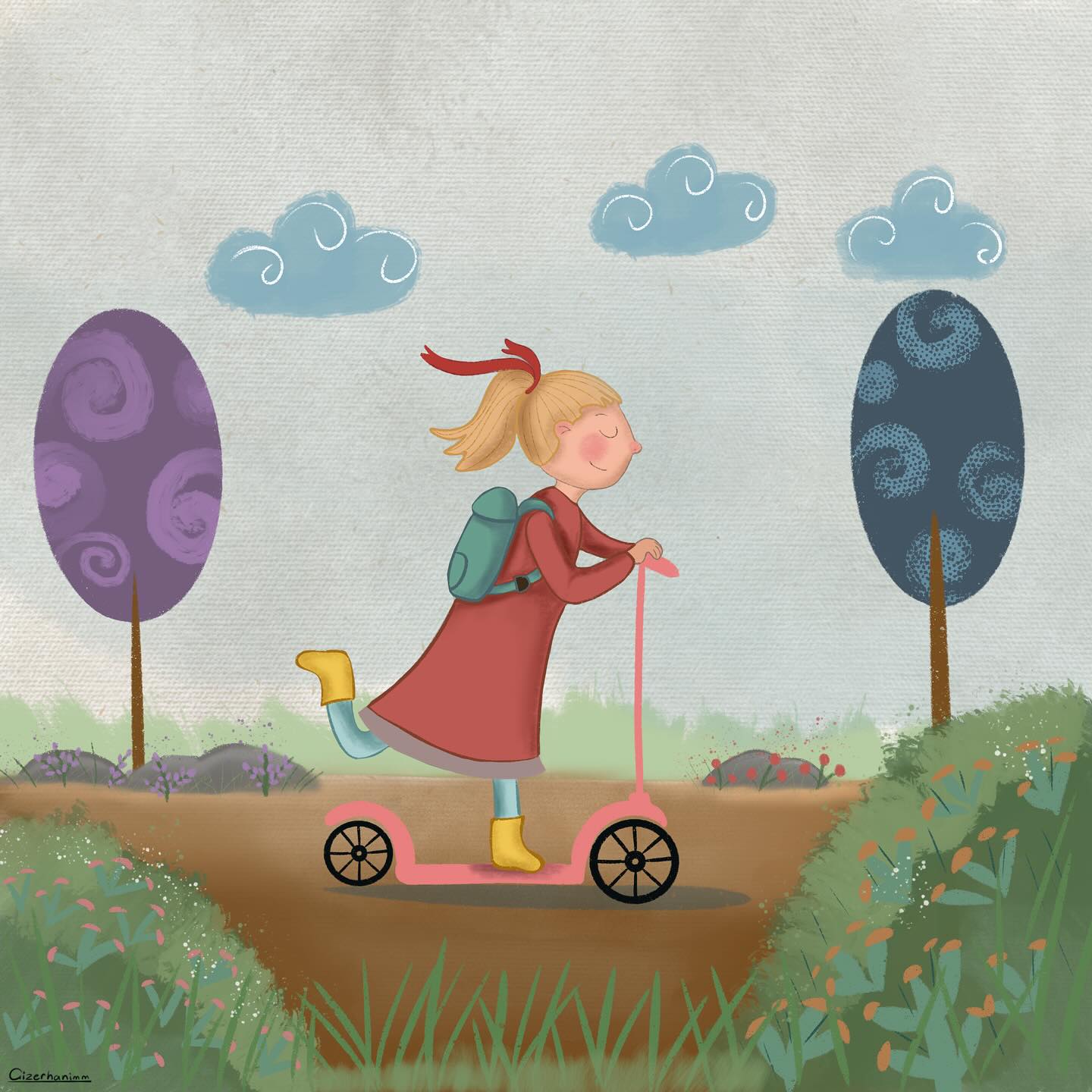 نقاشی دخترک اسکوتر سوار