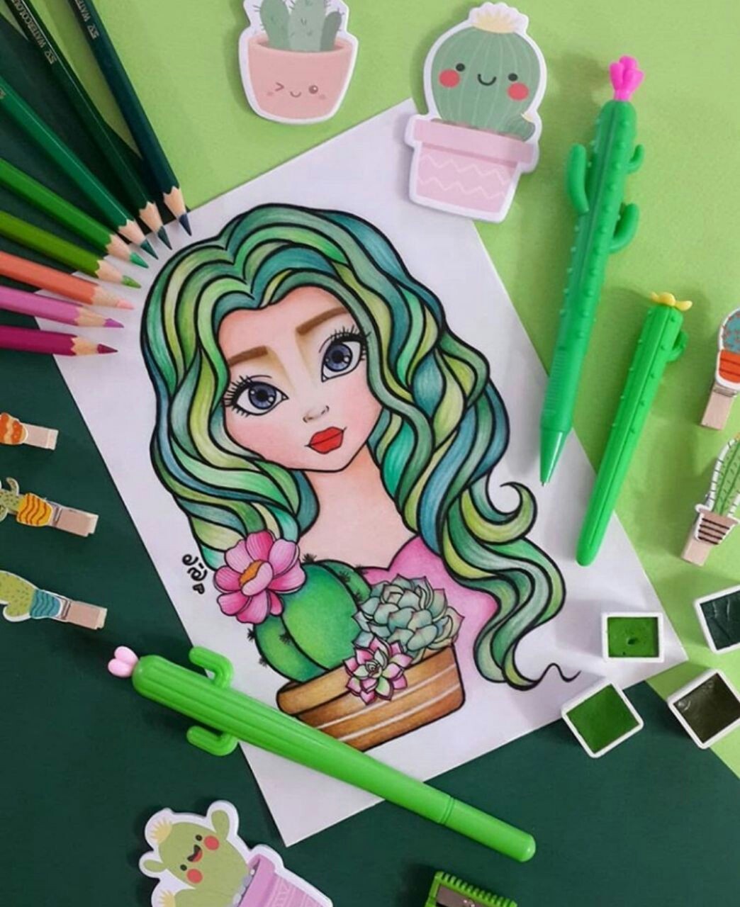 نقاشی دختر با تم سبز