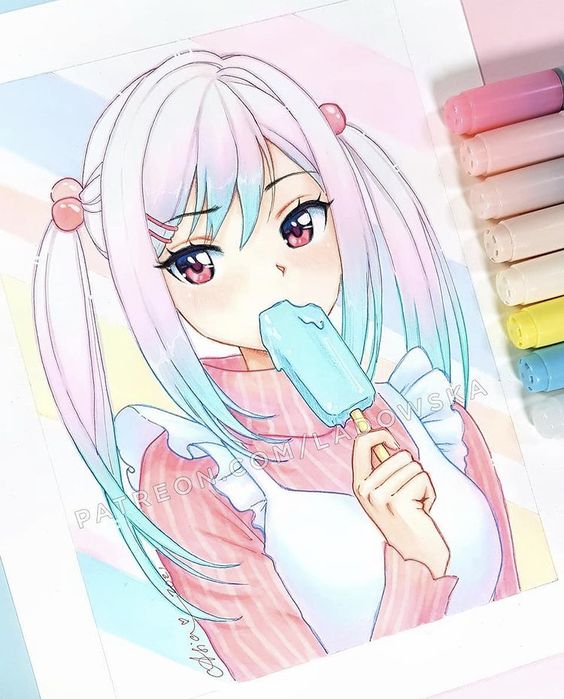 نقاشی دختر انیمه ای کیوت در حال بستنی خوردن