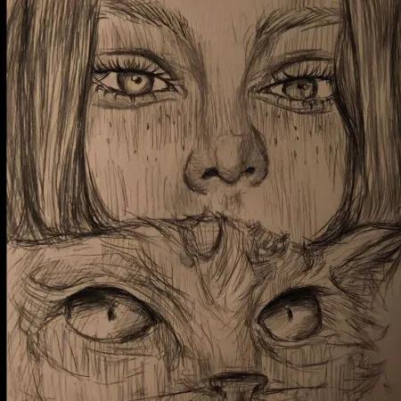 نقاشی گربه و دختر