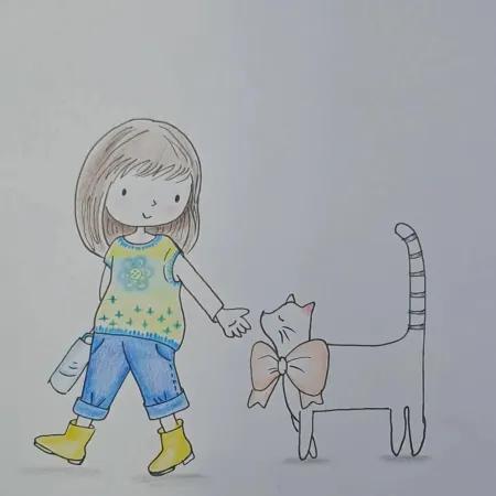 نقاشی دخترک و گربه