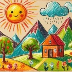 نقاشی سرزمین افتابی با مداد شمعی